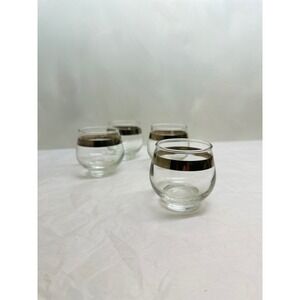 Vintage Mid Century Silver Band Roly Poly Rocks Glasses Set of 4 MCM Barware
